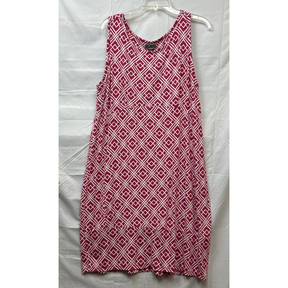 JM Collection Dress Womens L Pink White Geometric Sleeveless Stretch Midi A Line